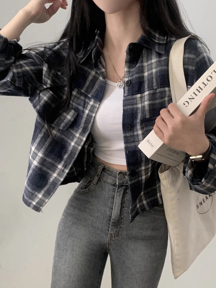 スタイリッシュな若々しいチェック柄シャツレディースレトロカラー半袖長袖ポロネック韓国風通勤高級感