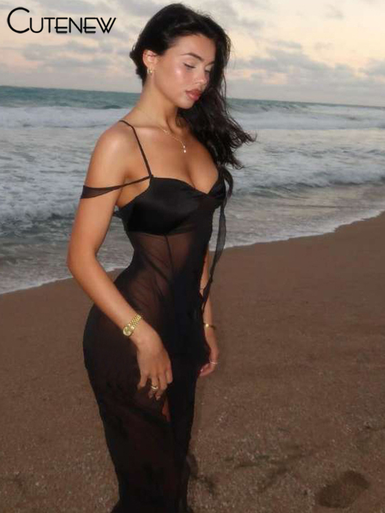Cutenew Mesh Durchsichtig Maxi Kleider Frauen Solide Sexy Bänder Suspension Side Split Attraktive Vestidos Weibliche Urlaub Robe