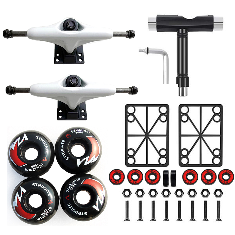 STRIKATE Caminhão de skate impresso de 5 polegadas com rodas PU STRIKATE de 52 mm Rolamento de skate Pro 3 mm riserpad 29 mm Kit de hardware
