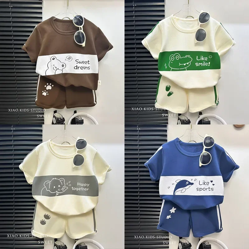 เสื้อผ้าเด็กชุดผ้าฝ้ายแขนสั้นชุดเด็กทารกชุดเสื้อฤดูร้อน + ชุดเด็ก 2024 ใหม่