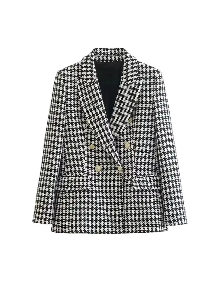 Damska moda Dwurzędowa marynarka w pepitkę Vintage Długi rękaw Kieszenie z klapami Odzież wierzchnia dla kobiet Eleganckie vesty