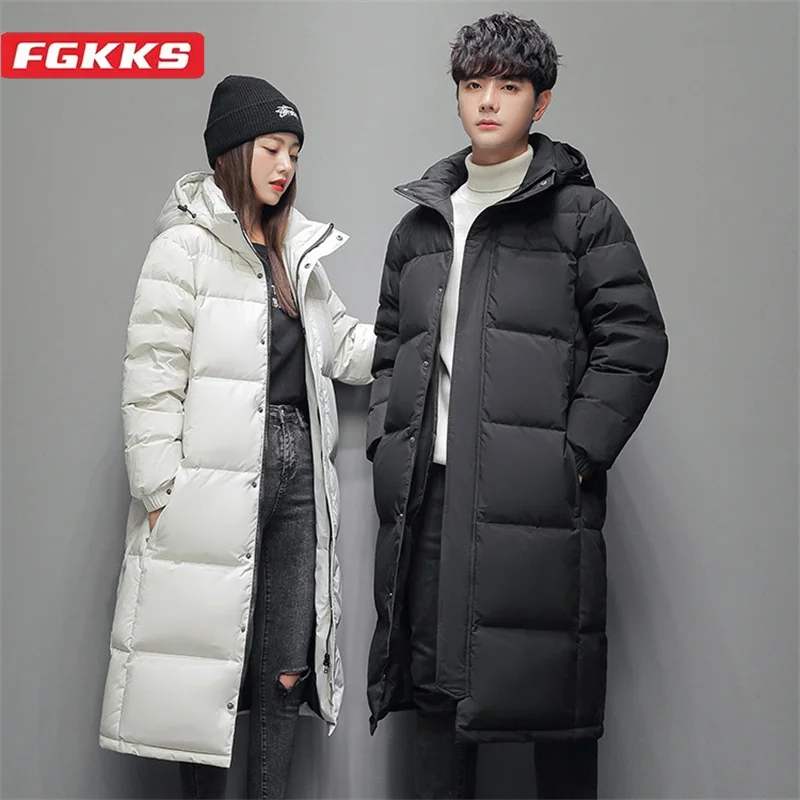 FGKKS 2025, Paar Winter-Daunenjacke, modisch, klassisch, schlank, koreanischer Stil, weiße Entendaunen, Herren-Langmantel, Damen-Outwear mit Kapuze