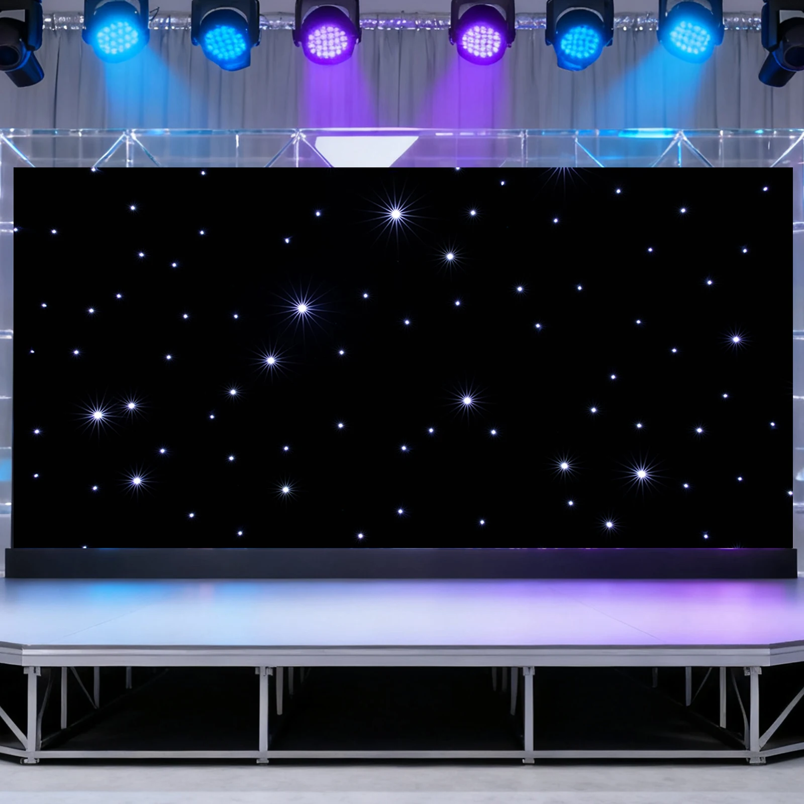 Black Rectangular LED Stage Star Backdrop(Convenient to Use) - Foldable&Truss Mountable(Multiple Holes), Two-Way Metal Zipper