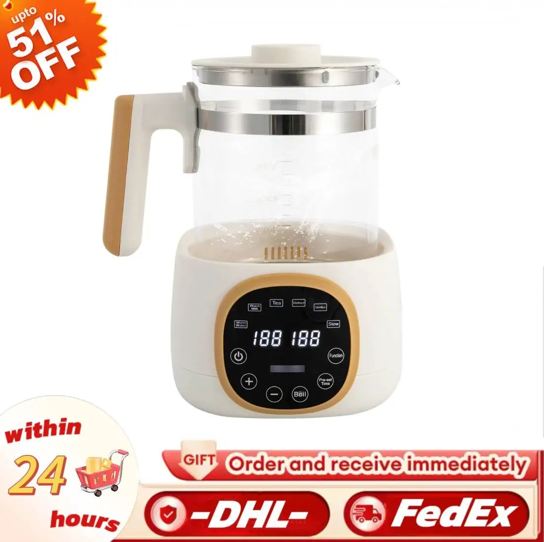 600 W Babyflaschenwärmer mit Temperaturregelung, 72 Stunden Thermostat für Babynahrung, Tee, Kaffee, 1,3 l Babynahrungsflaschenwärmer