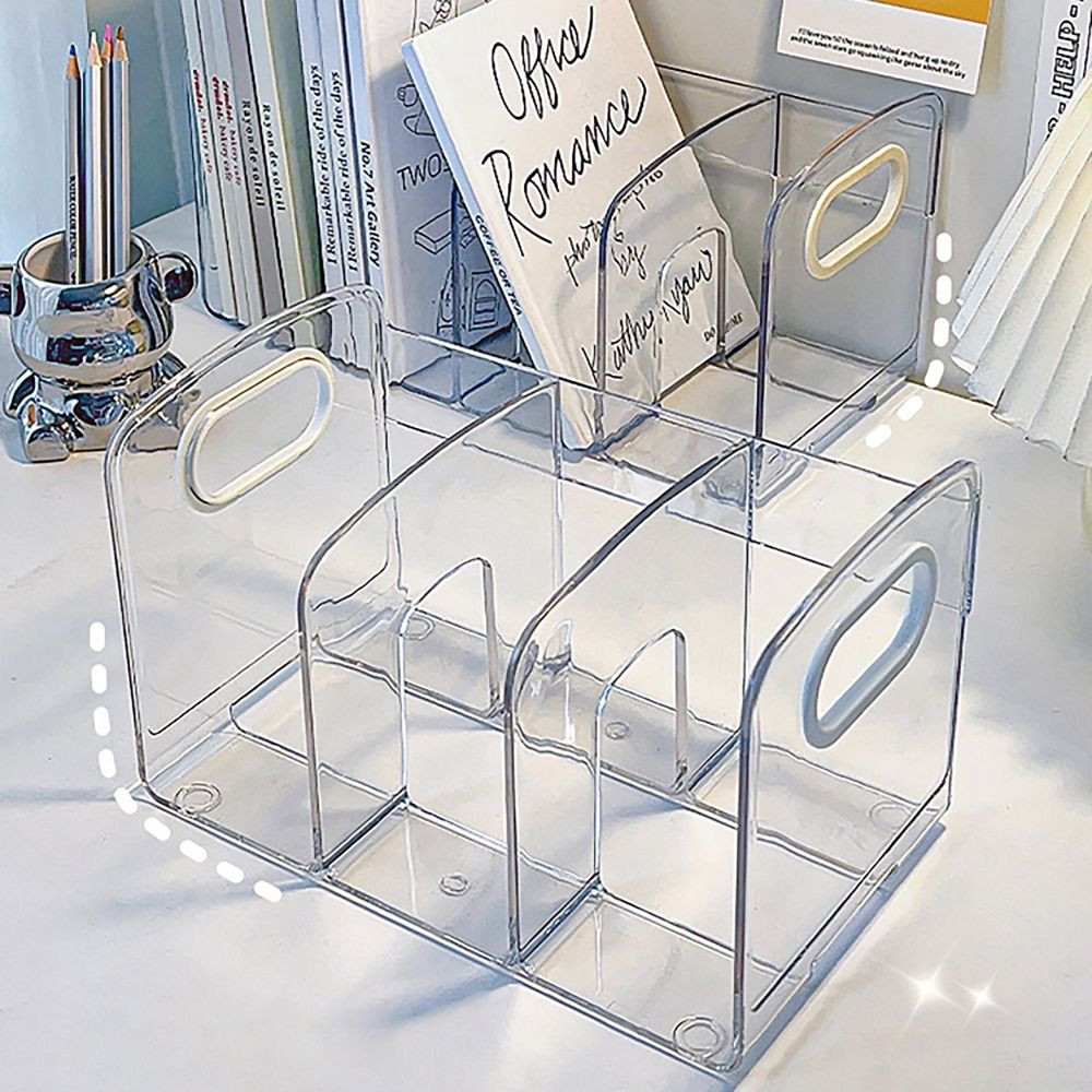Clear Acrylic Bookends Convenient Desk Organizer with Handle Desktop Sorting Rack Divided Book Stand Study Supplies