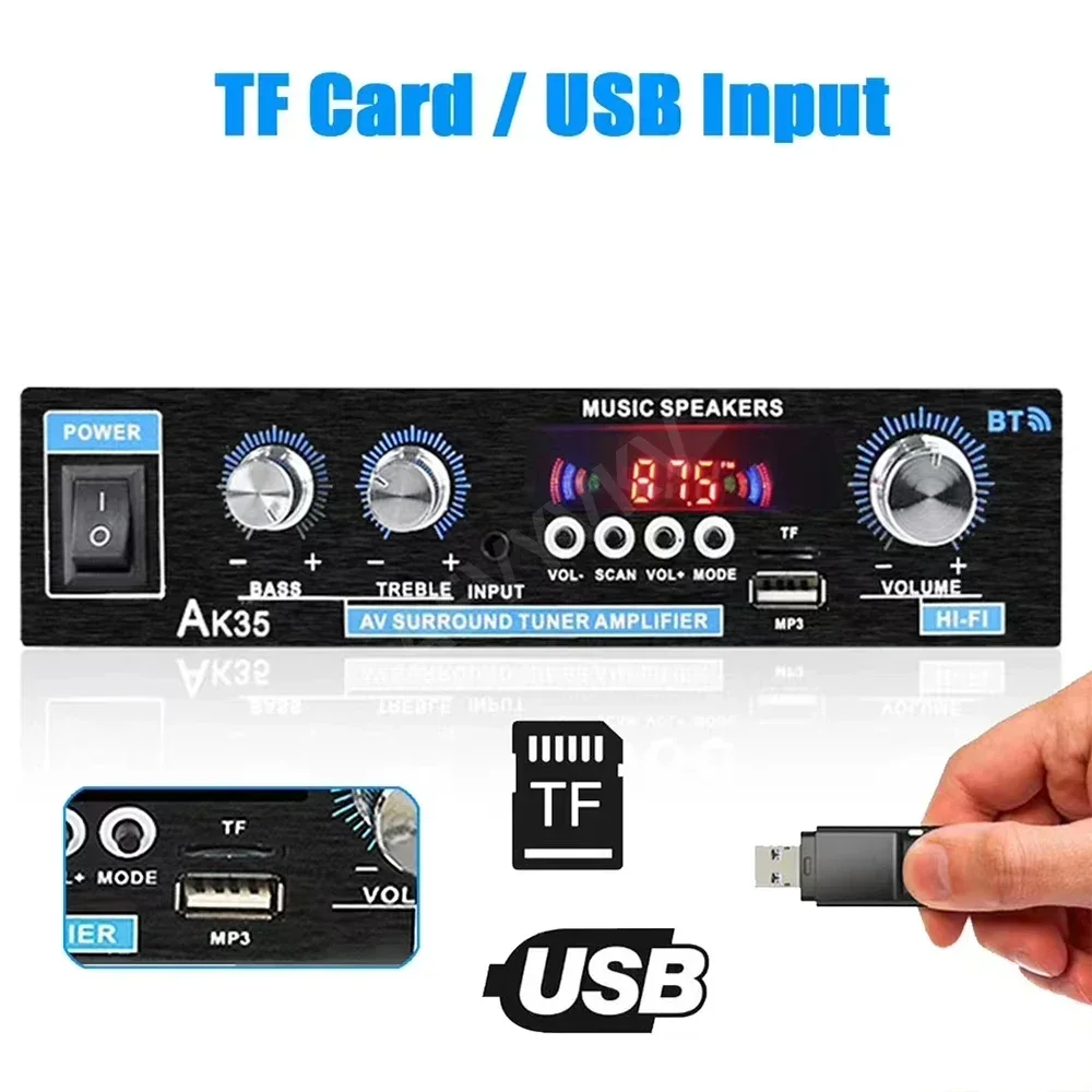 AK35 Home Power Amplifier 2.0 Channel Bluetooth 5.0 Surround Sound FM USB Remote Control Mini HIFI Digital Amplifiers 110V/220V