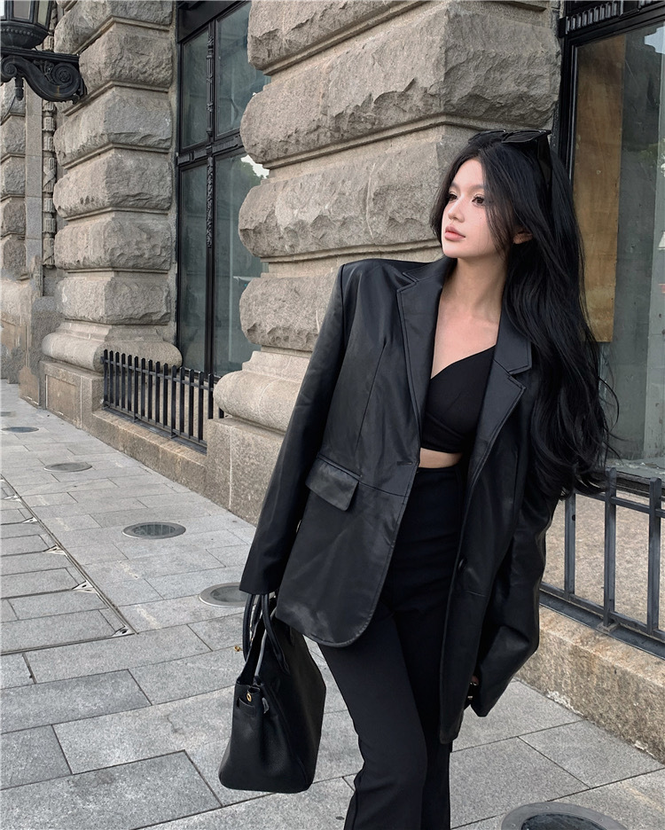 Veste en similicuir PU pour femme, Blazer combiné, Vestes à col rabattu, Manteau à point ouvert, Maxi, Décontracté, Élégant, Punk, Streetwear Y2k