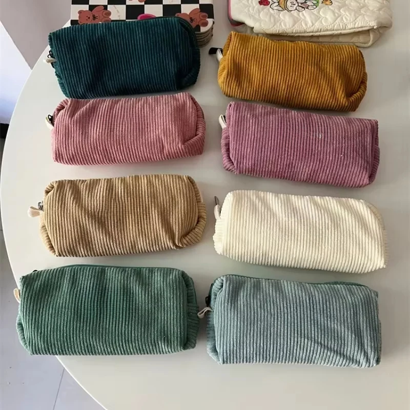 Creative Corduroy Pencil Case INS Style Large Capacity Toiletry Bag Zipper Pen Bag Office School Supplies,has random logo print