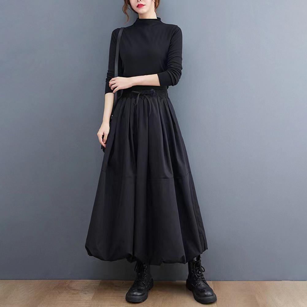 Vrouwen maxi rok zwarte Japanse stijl zakken bladerdeeg rokken dames casual elastische taille vetersluiting hoge taille geplooide a-lijn rok