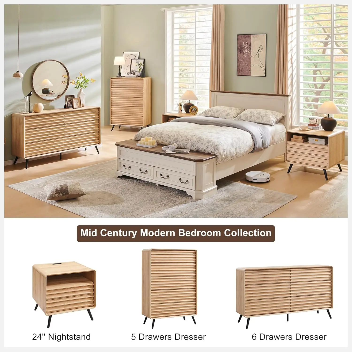 Night Stand with Charger Station, Mid Century Modern Fluted End Table with 2 Drawers, Wooden Side Table with Open Cub