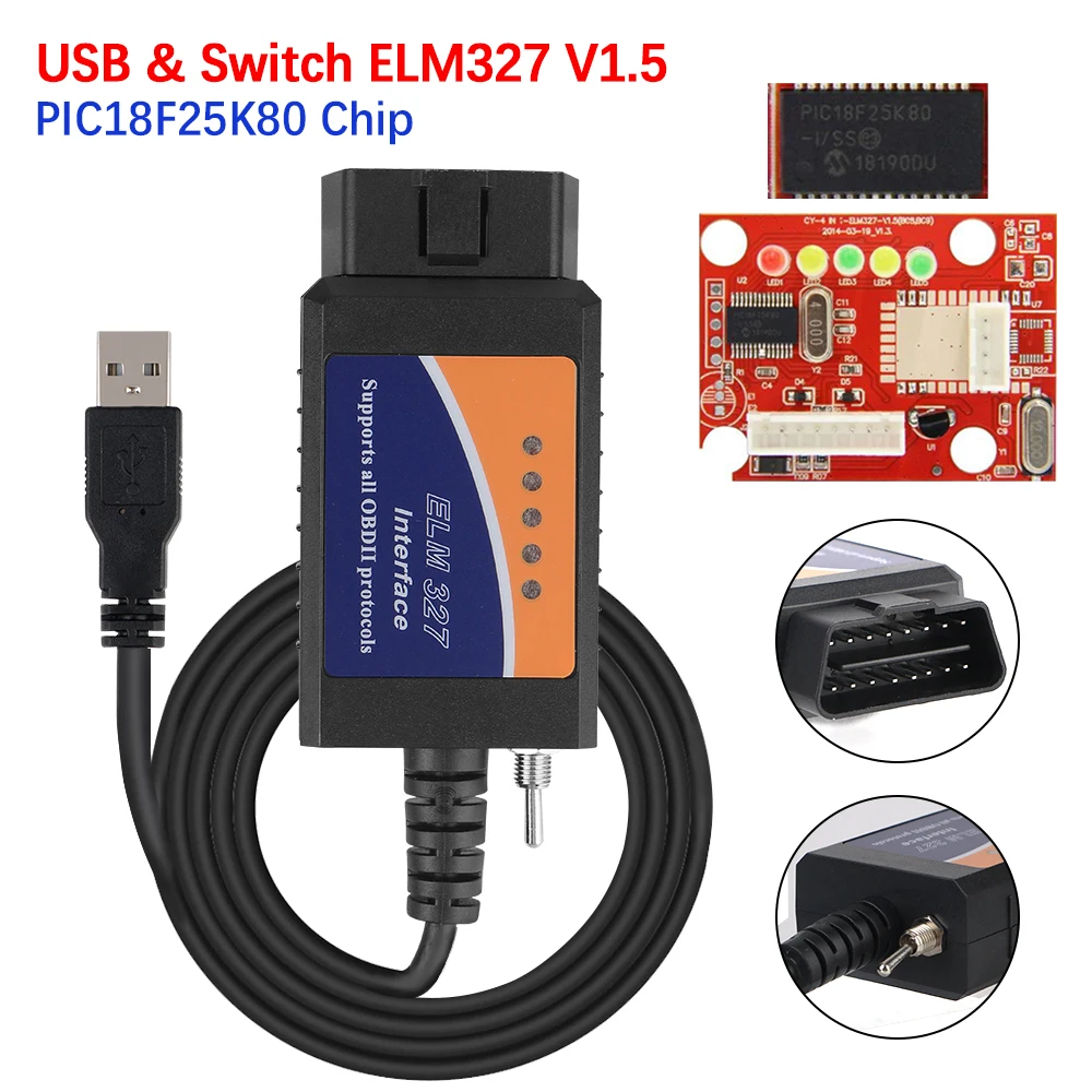 ELM327 USB v1.5 Cable de diagnóstico de coche obd2 SCANNER FORscan admite la mayoría de los protocolos OBDII HS-CAN y MS-CAN Chip PIC18F25K80
