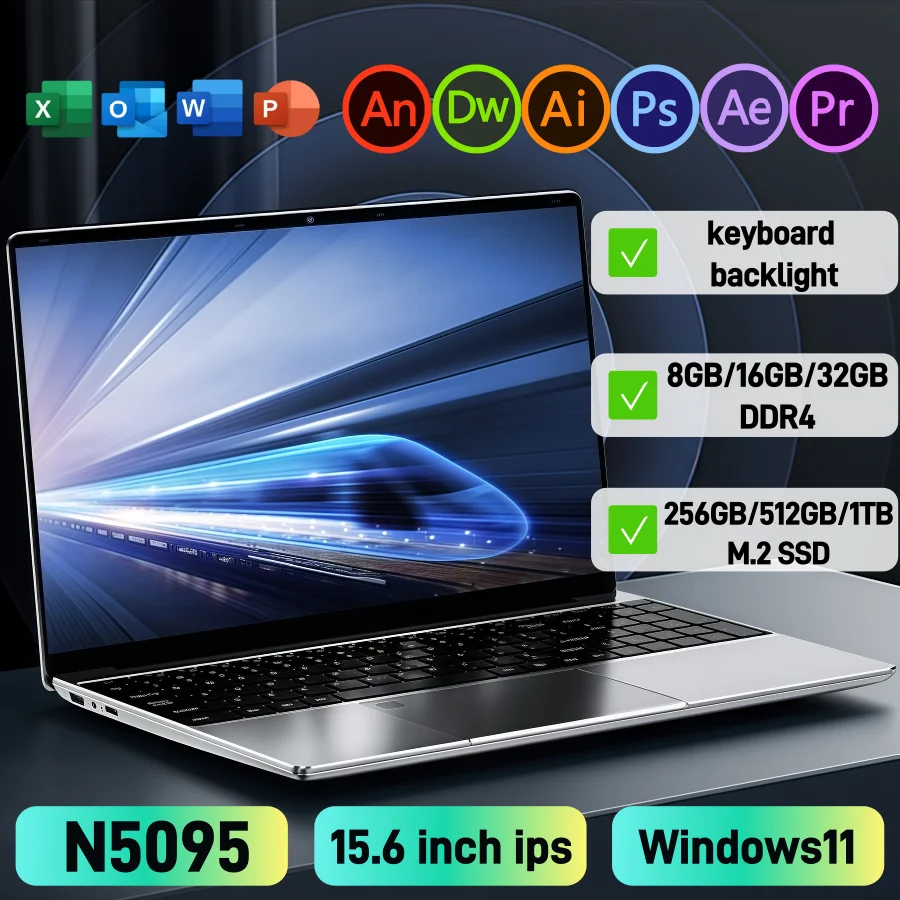 15,6 "ordenadores portátiles intel N5095 para juegos ordenador portátil 16GB/32GB DDR4 512G/1TB SSD Windows11 IPS teclado retroiluminado ofertas