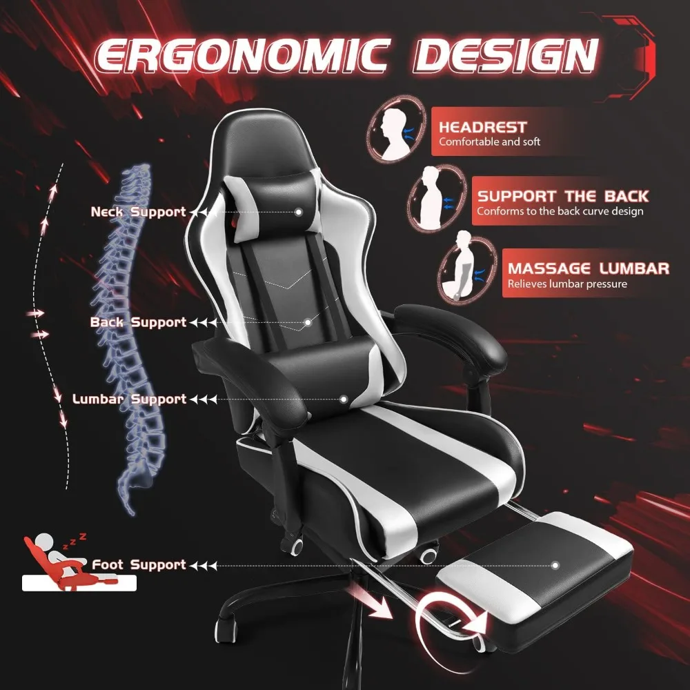 Gaming Chair with Footrest and Massage Lumbar Support, Video Game Chairs 360°Swivel and Height Adjustable Seat