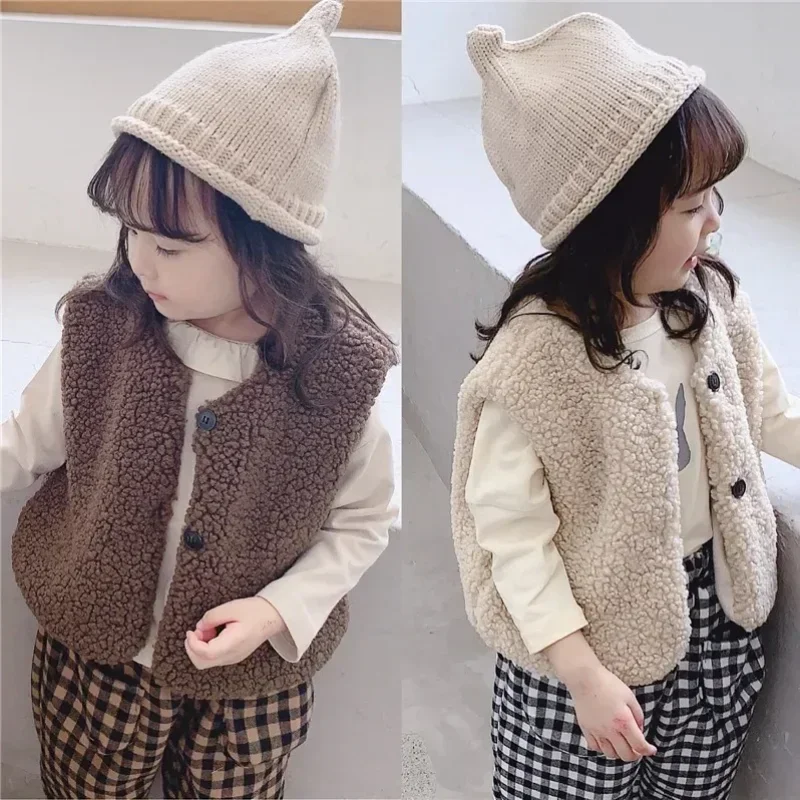 ฤดูใบไม้ร่วงฤดูหนาวเด็กขนแกะ Plus กํามะหยี่เสื้อกั๊กเด็กหญิง Plush เสื้อกั๊กเดี่ยว V คอเด็กแฟชั่นอบอุ่น Warm Coat