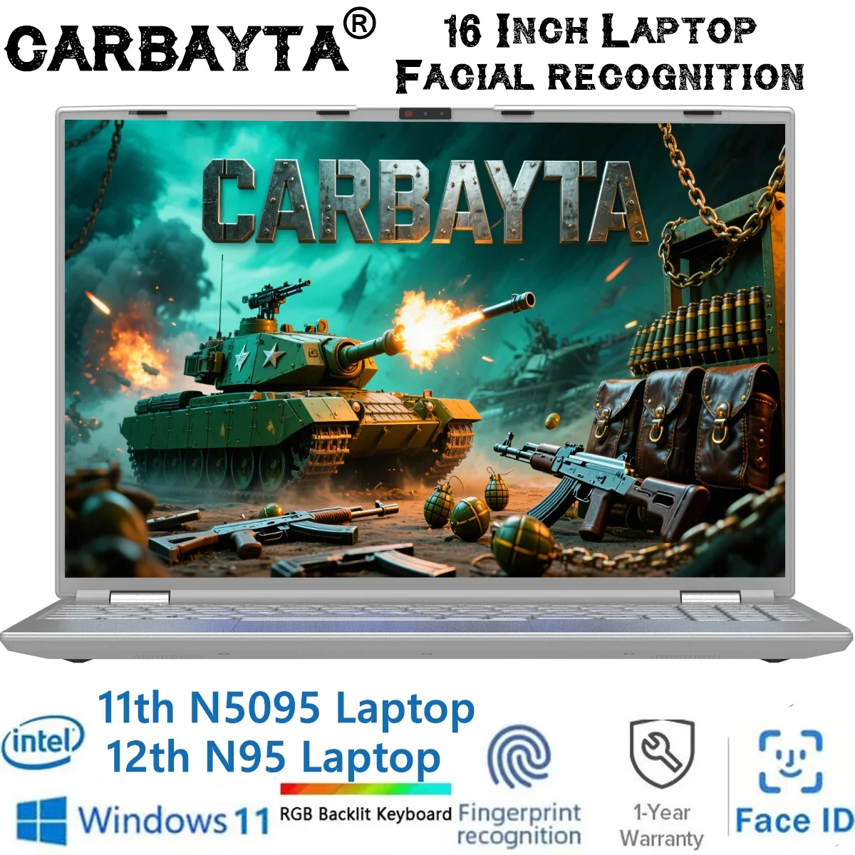 Face ID Intel Notebook N5095/N95 Graphics UHD 16" Laptop 16GB 32GB RAM Max 4TB ROM Windows 11 Wifi 5 BT RGB Keyboard