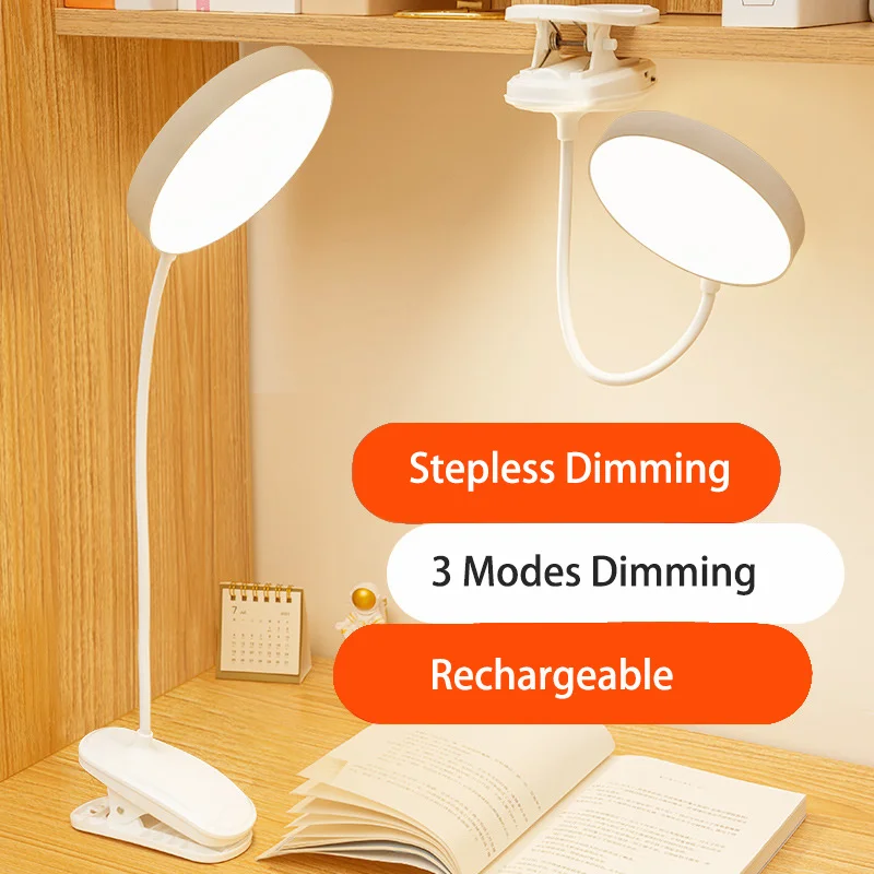 Lampa stołowa LED Ładowalna lampka nocna USB ze składanym zaciskiem Stojak do nauki Lampka do czytania Dotykowe 3-tryby Ściemnianie Lampka do ochrony oczu