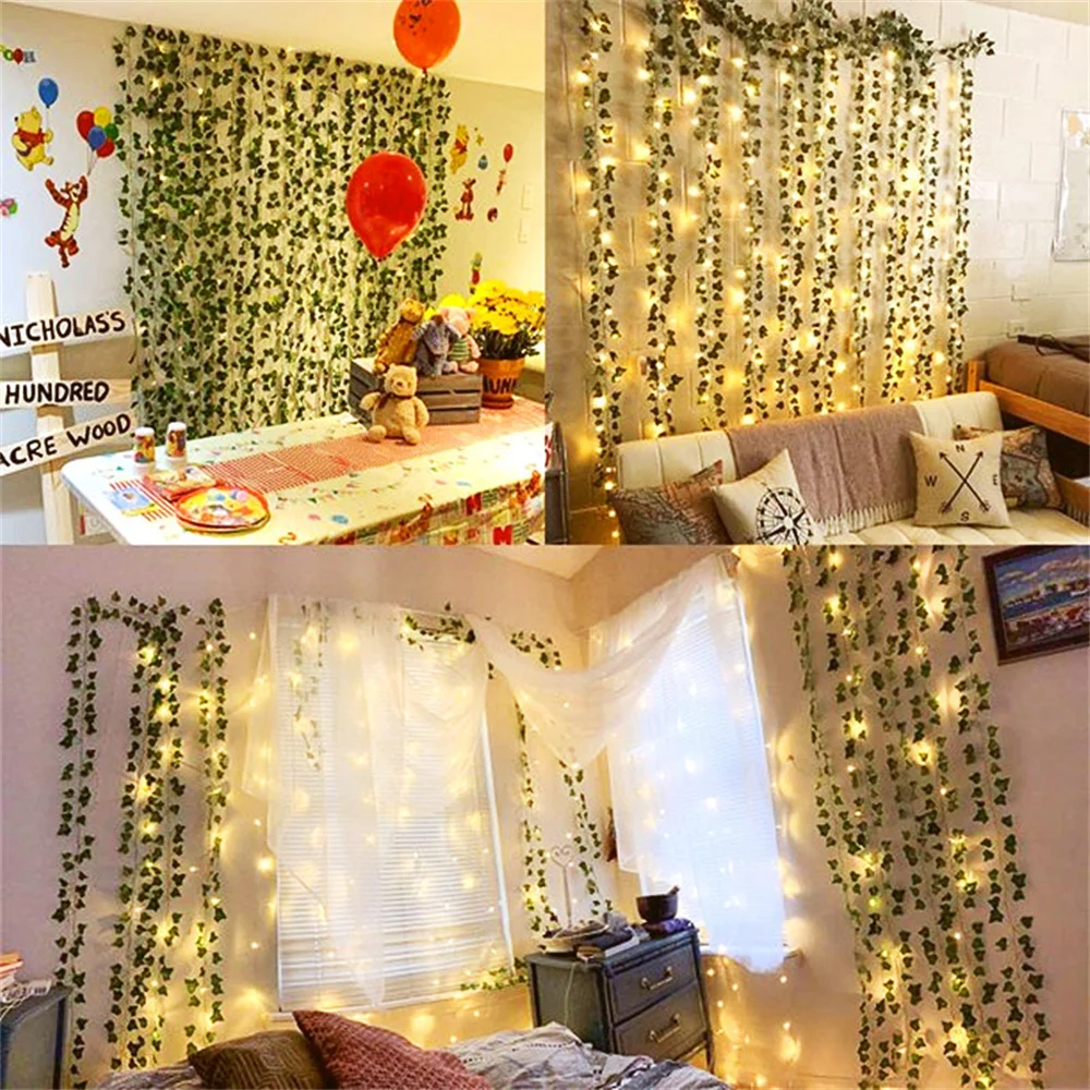 10M/5M/2M Green Leaf Fake Plants String Light Battery Powered Waterproof String Light For Wall House Room Office Birthday Decor