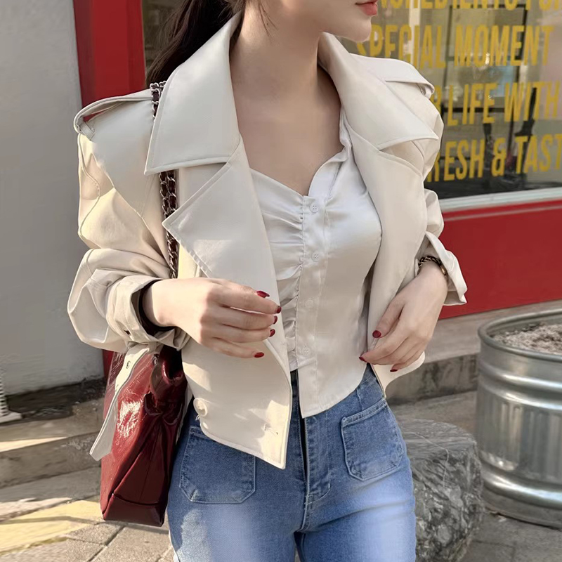 シックな秋のハイエンドの感触ルーズ多用途二列ボタン長袖 PU レザージャケットショートアウター女性のための