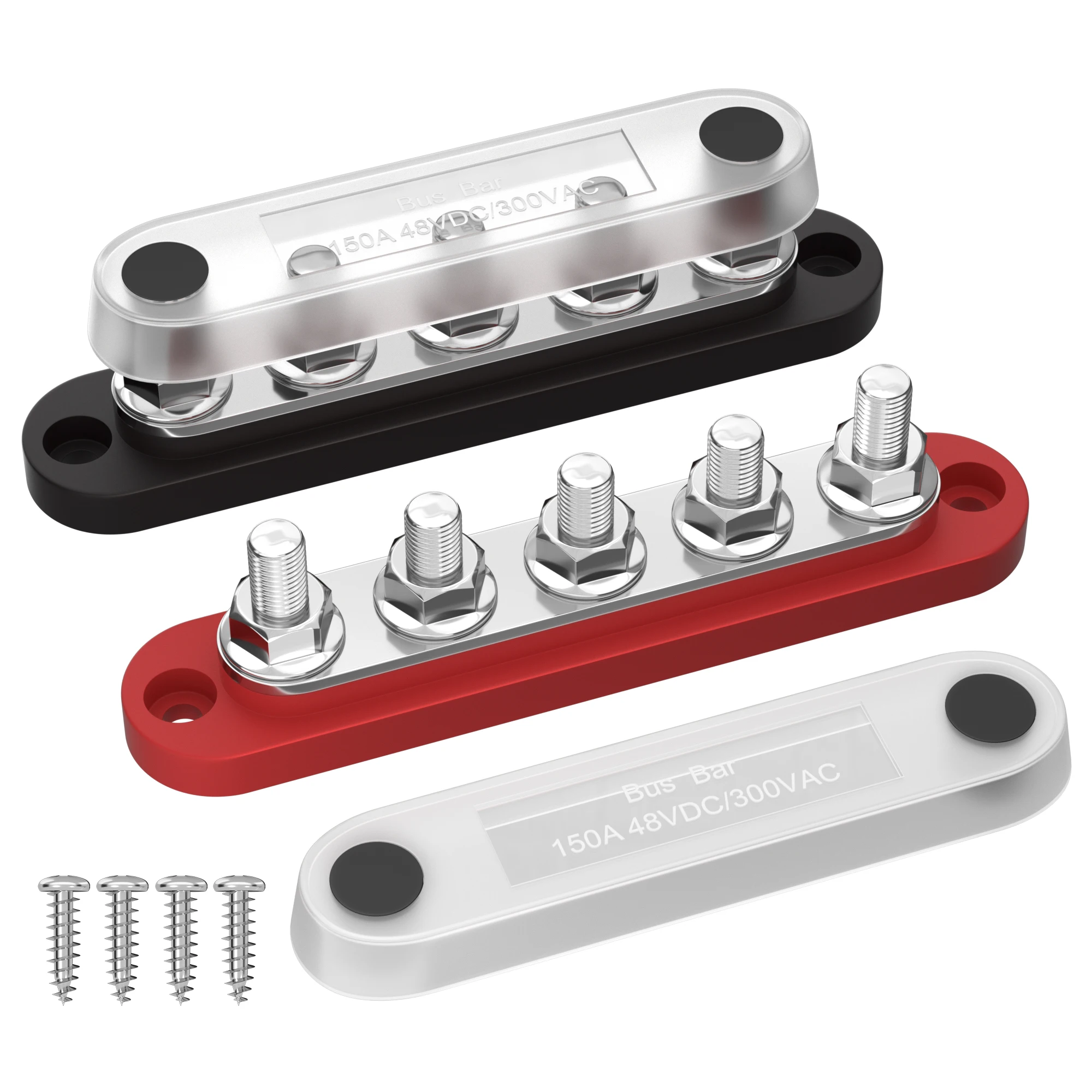 DaierTek Bus Bar 12V Bloco de distribuição de energia com tampa 5 x 1/4" Studs Terminal Block Max 150A 48VDC Positivo Negativo para Auto