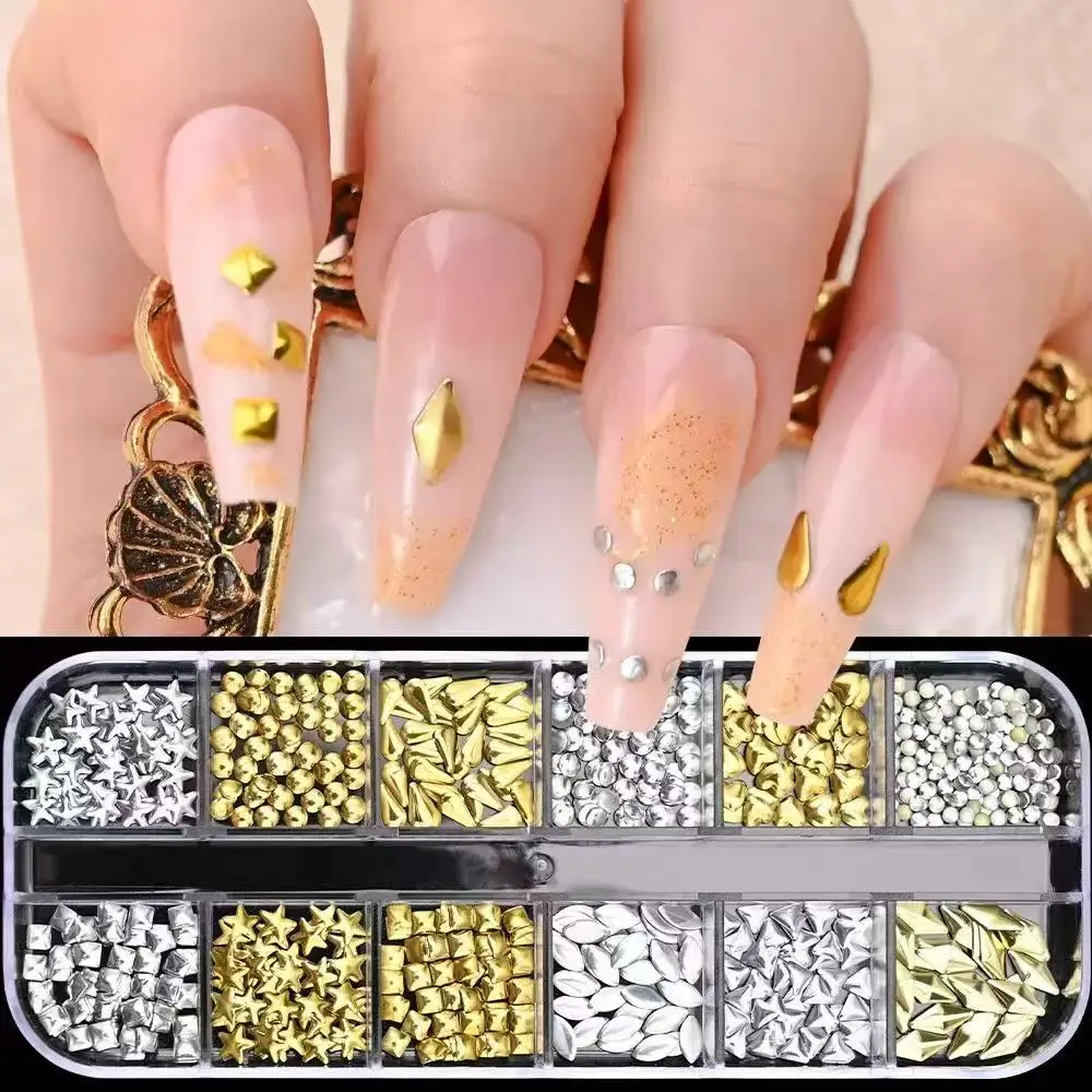 12Grids Ocean Gold Nail Art Charms Shell/Seahorse/Starfish White Half Round Pearl Gems 3D Mixed Punk Manicure Metal Rivets Studs