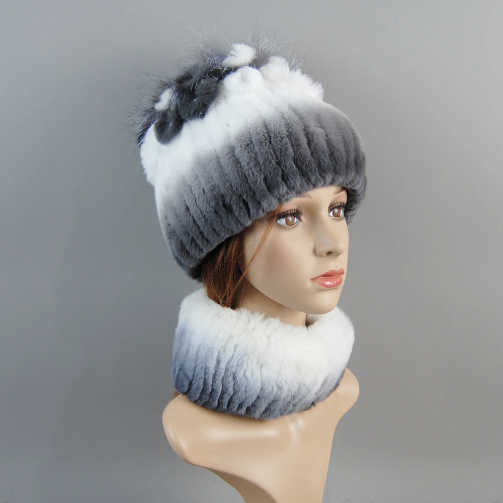 Signore Reale Rex Pelliccia di Coniglio Sciarpa Cappello Set Buon Elastico Inverno Donne Caldo Naturale Rex Pelliccia di Coniglio Silenziatore Cap Sciarpe di Pelliccia Reale Cappelli