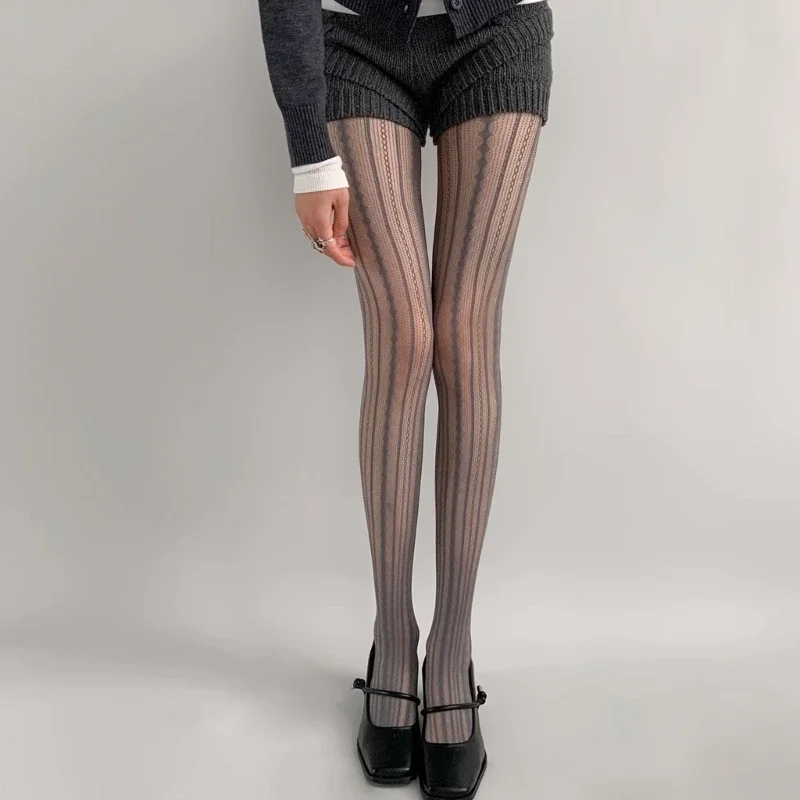 Women Vintage Solid Fishnet Lace Pattern Tights Stockings Hollowed Rhombus Striped Geometric Jacquard Pantyhose Leggings