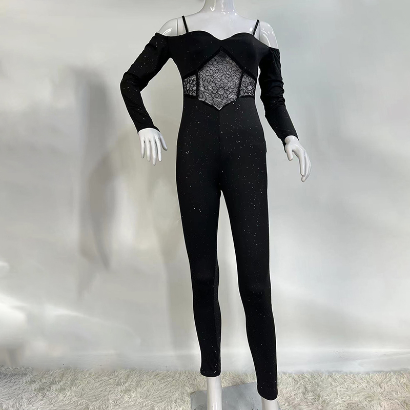 セクシーなパーティーナイトアウトジャンプスーツ女性エレガンス 2022 無地グリッターコールドショルダー長袖コントラストレースコルセットスキニージャンプスーツ