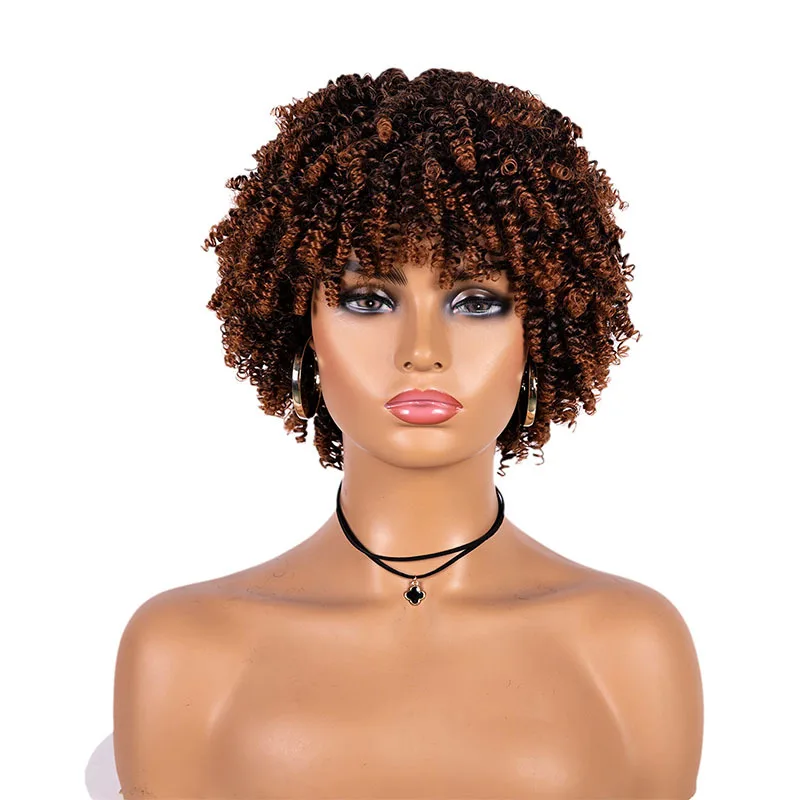 Peruca de cabelo sintético afro encaracolado curto para mulheres negras com franja cosplay natural