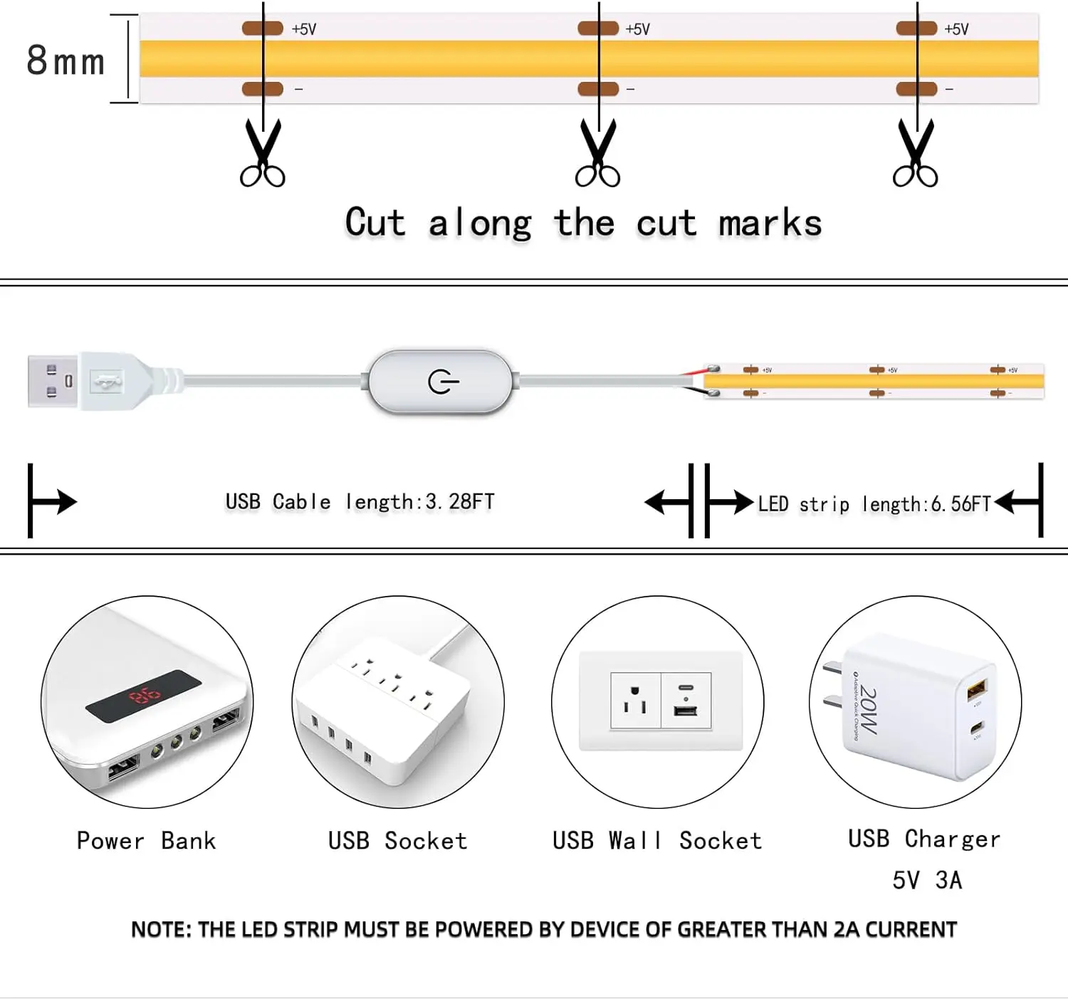 Tira de luces LED USB de 1M-5M, 5V, 320LEDs/M, Sensor táctil COB, lámpara regulable, cinta DIY, retroiluminación de espejo de TV, iluminación nocturna para cocina y habitación