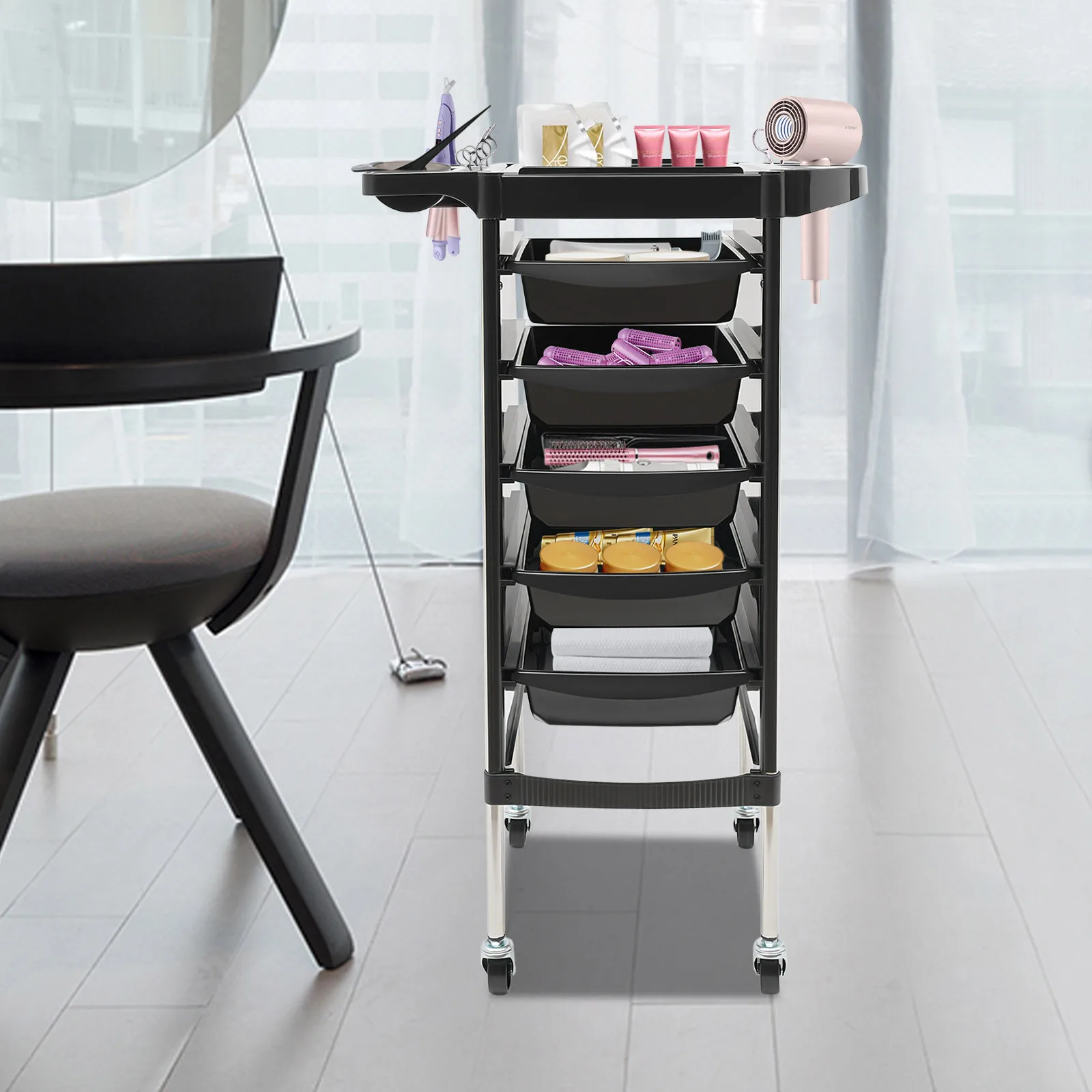 Carrello da parrucchiere multifunzionale a 6 livelli, 4 ruote, scomparti spaziali, struttura in acciaio inossidabile per strumenti da salone