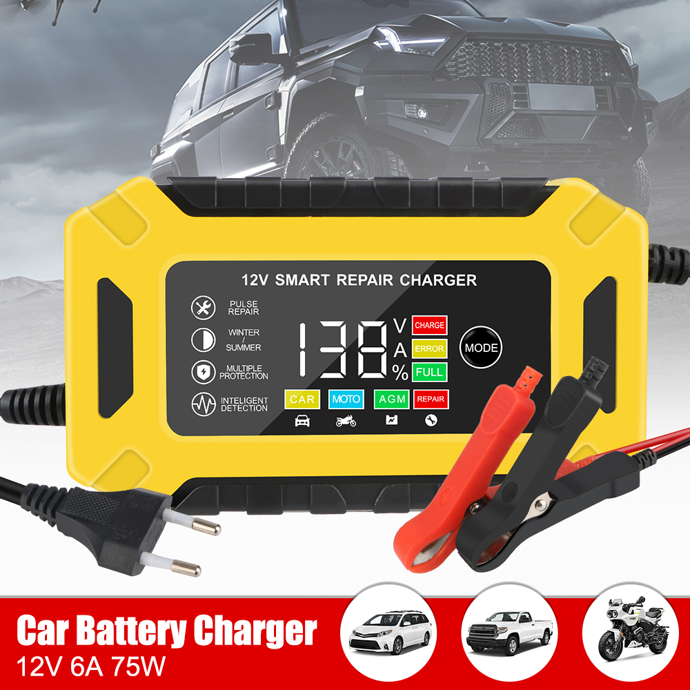 12V 6A Smart Truck Motorcycle Charger Wet Dry Lead Acid Gel Charger Car Auto Battery Charger Pulse Repair Digital LCD Display