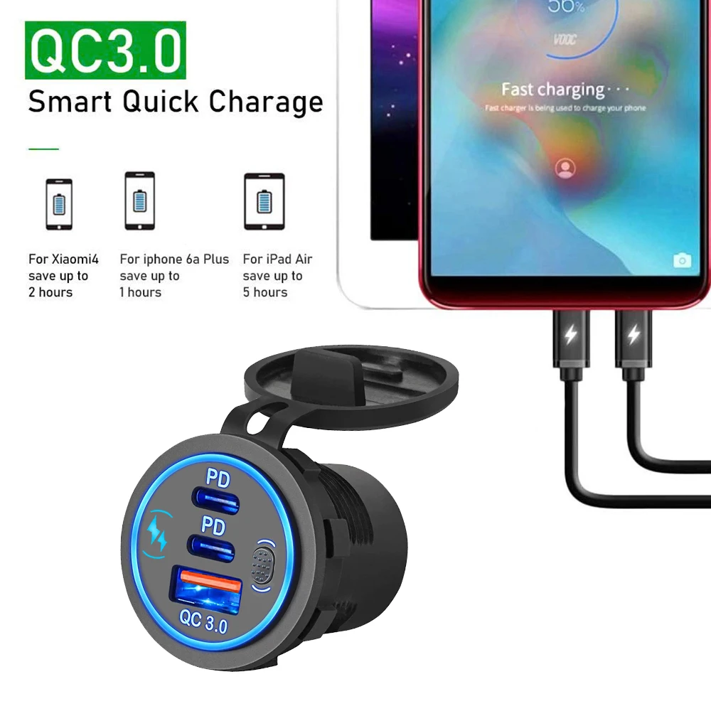 Enchufe de cargador de coche PD3.0 y QC3.0, puertos dobles USB C impermeables con Interruptor táctil LED, carga rápida de 78W, 12V/24V para adaptador de Moto