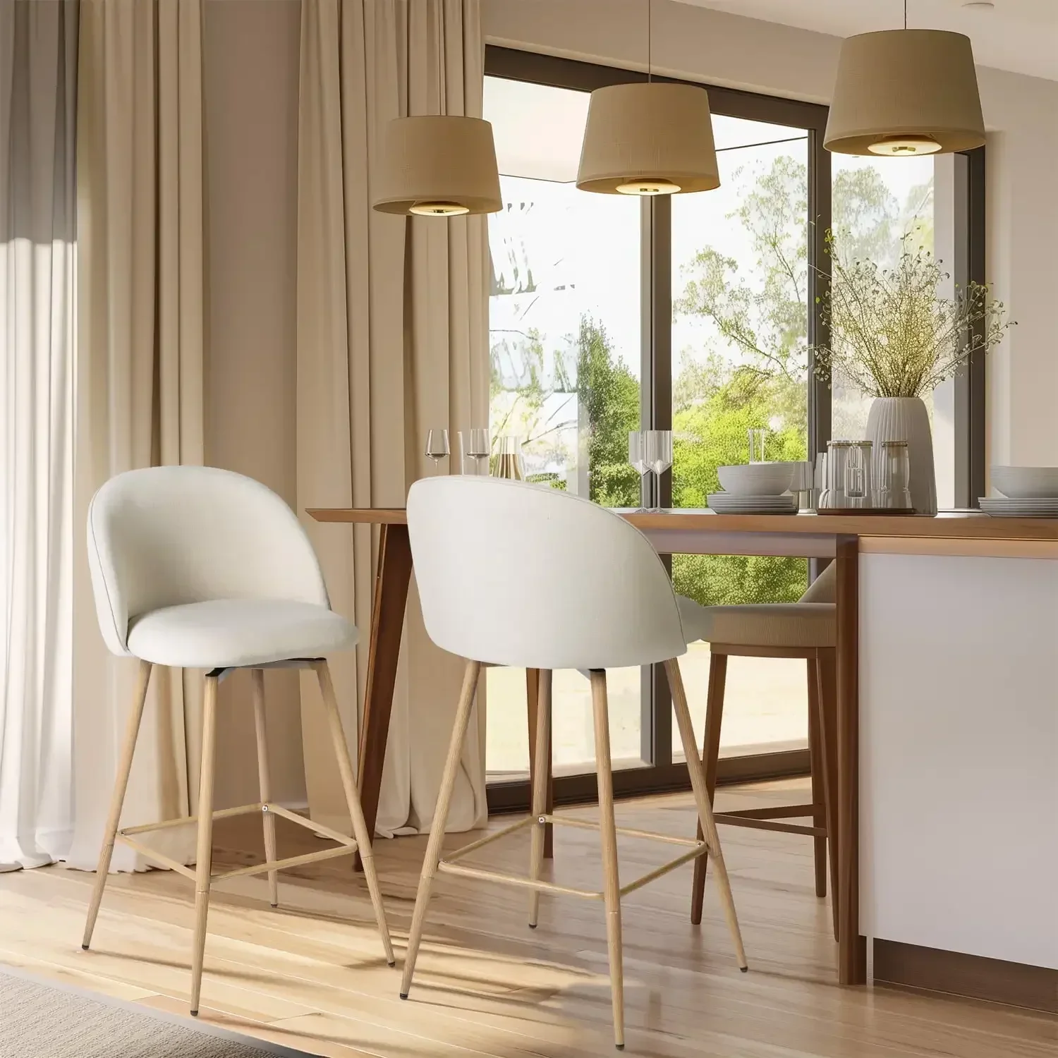 Juego de 2 taburetes de bar con altura de mostrador de 26", taburetes giratorios para isla de cocina, color beige