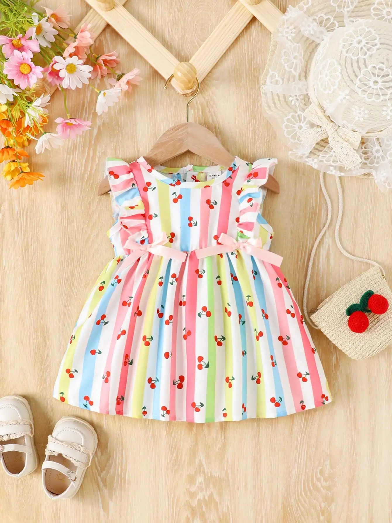 Verão bebê meninas casual respirável bonito doce cereja cor listrado impressão rosa arco fita vestido sem mangas