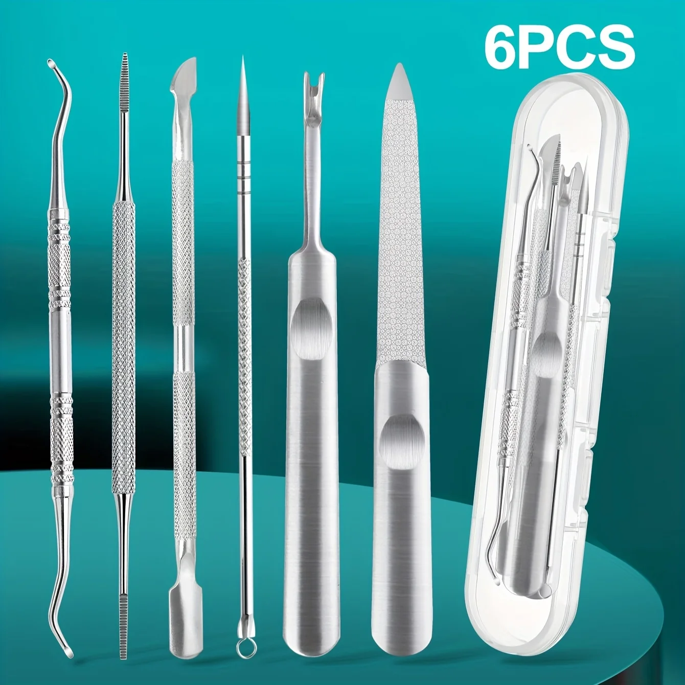 6pcs 스테인레스 스틸 전문 다기능 네일 케어 키트, 죽은 피부 가장자리 트리머 및 죽은 피부 갈퀴, 네일 파일 포함