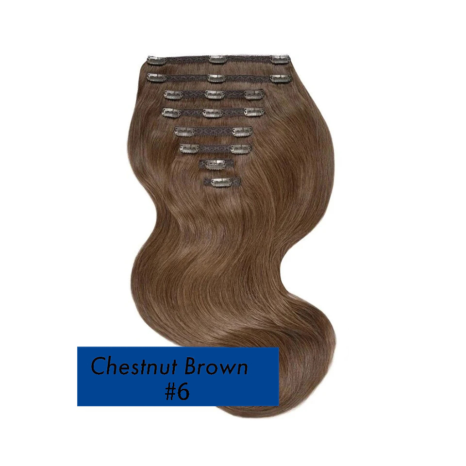 Extensiones de cabello con clip # 6 Clip brasileño recto sedoso de doble trama gruesa 120G 8 piezas en extensiones de cabello humano marrón castaño