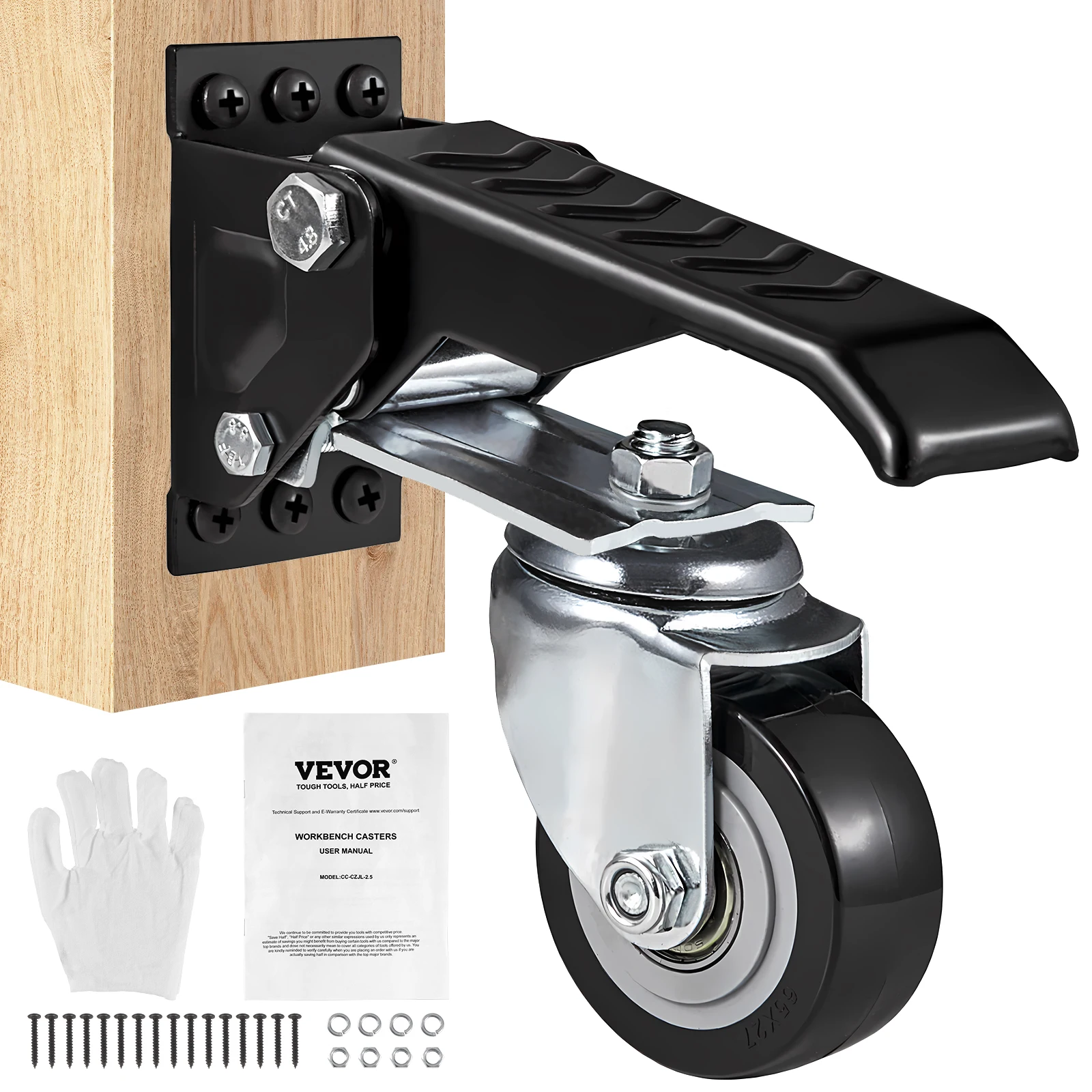 VEVOR 165 lbs 2.5" Set of 4 Workbench Caster Wheels Side Mounted Retractable Stepdown Wheel 360° Swivel for Tables and Equipment