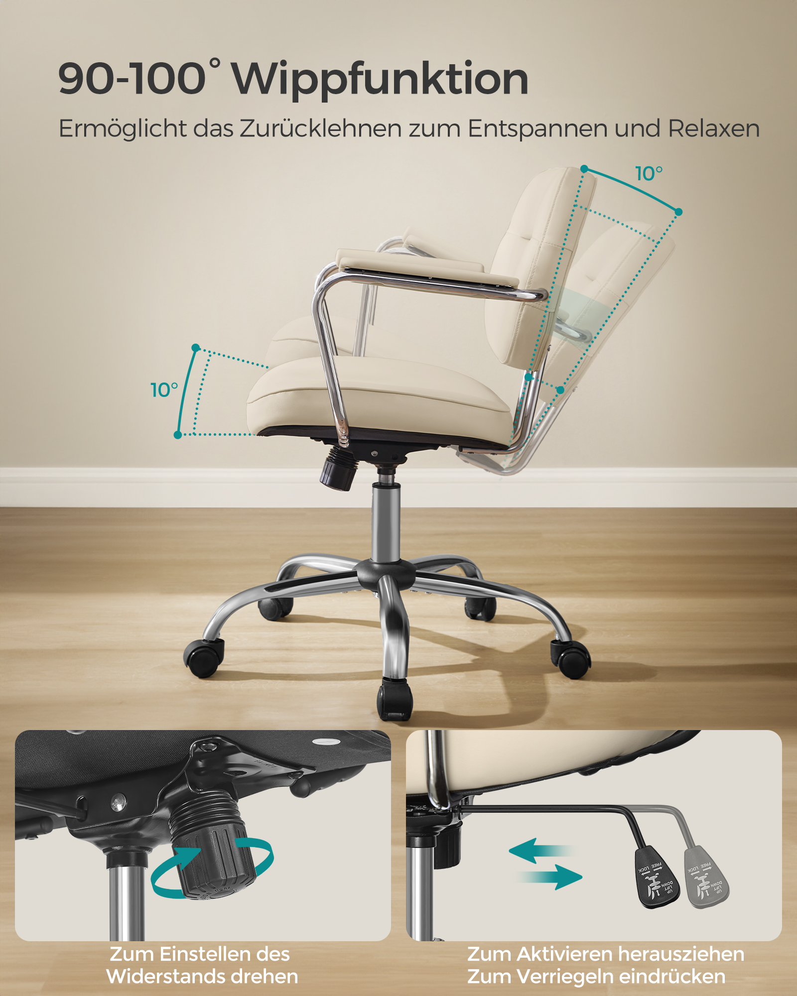 Songmics Bureaustoel, Bureaustoel, Ergonomisch Verstelbare Armleuningen, Schommelfunctie