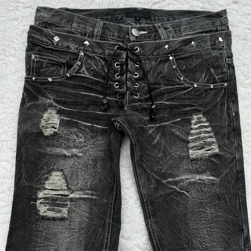 Neue Retro-Damenhose mit doppelter Taille und Schnürung, Mikro-Schlaghose, Streetwear, Y2K-gewaschene, hochwertige Design-Sense-Jeans für Männer und Frauen