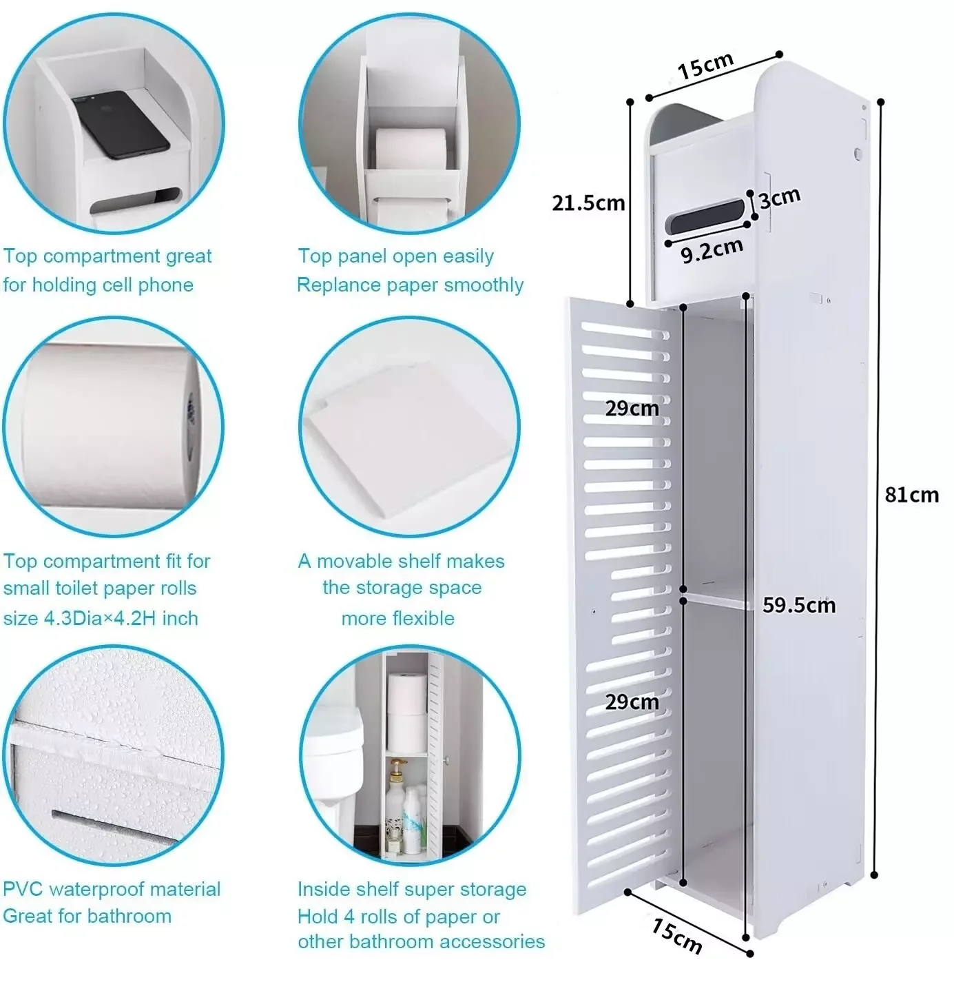 DayPlus Mobiletto da bagno per la casa, con ante e ripiani, mobile per la casa, 16 x 15 x 80 cm