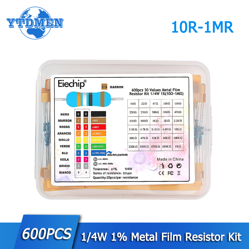 300/600PCS 1/4W Kit de resistencias de película metálica Resistencia 1% 30 valores 10 Ohm ~ 1M 0,25 w Juego de resistencias
