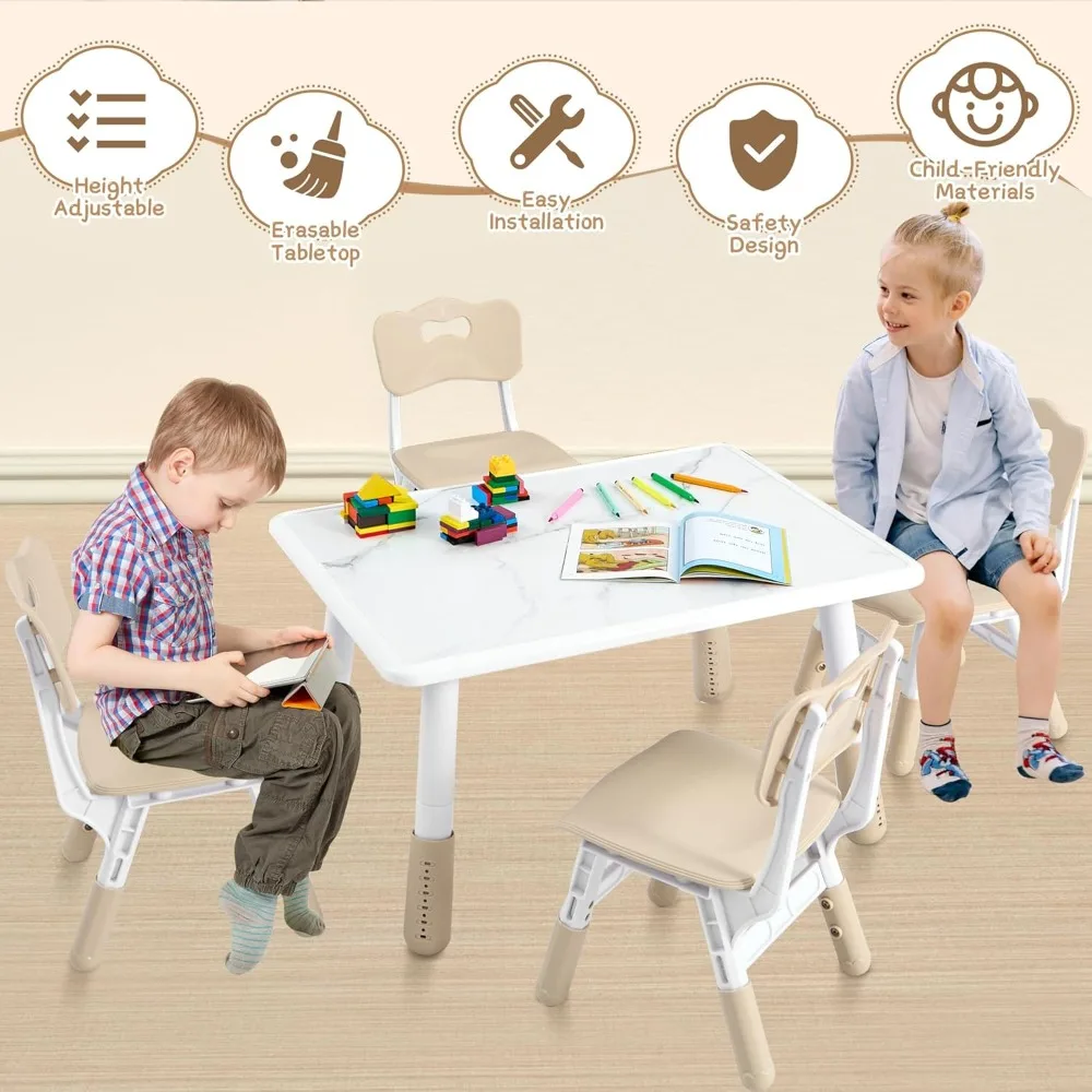 Adjustable Kids Table and 4 Chair Set, Height Adjustable Multi-Activity Play Desk, Marble Graffiti Design, Preschool Montessori