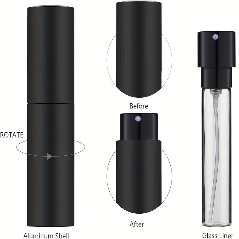 10ml 여행용 향수 스프레이어, 리필 가능한 콜론 용기, 미니 스프레이어 크기용 빈 디스펜서 스프레이 병(블랙)
