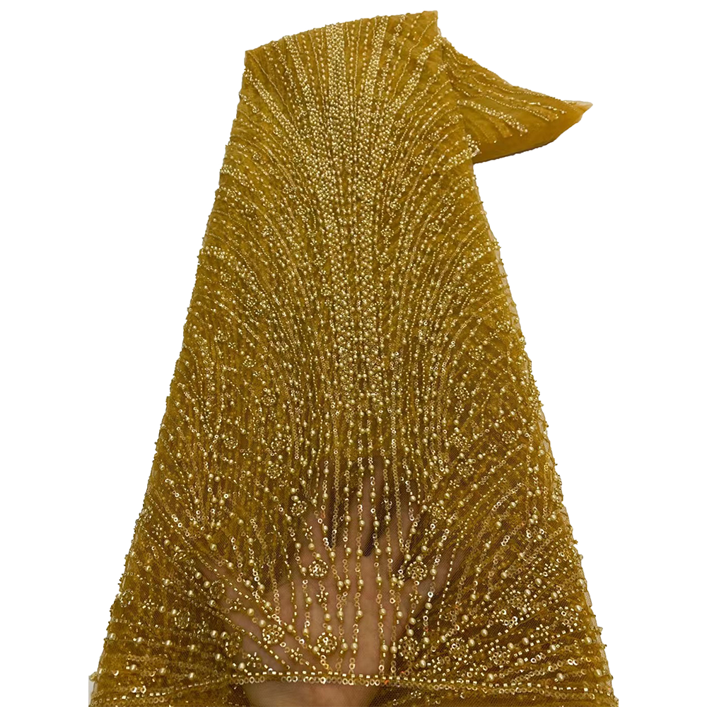 Hoge kwaliteit Afrikaanse gouden handgemaakte kralen kant stof 2025, naaien pailletten borduurwerk Nigeriaanse kant stof vrouwen trouwjurk