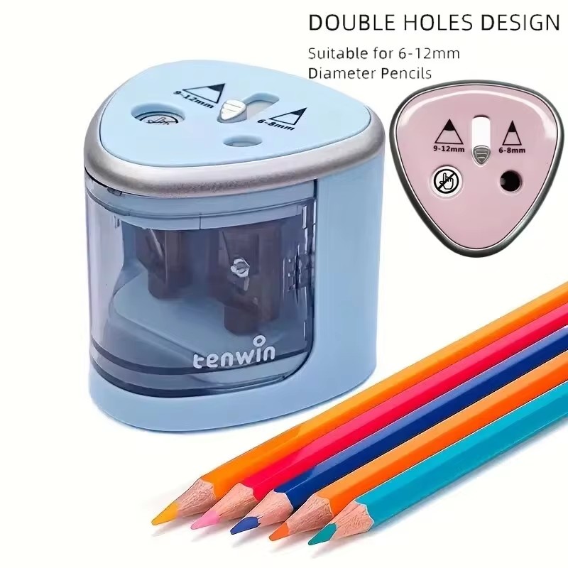 Tenwin 1pc apontador de lápis elétrico de furo duplo, apontador de lápis, conveniente, rápido e fácil de afiar, adequado para lápis de 6-12mm