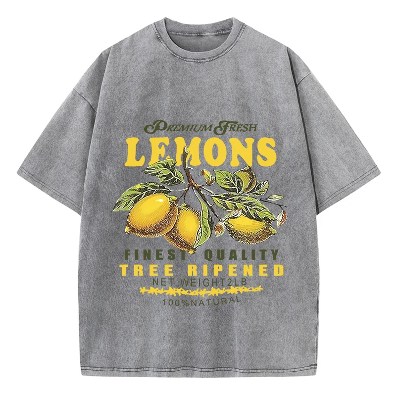 Camisetas lavadas con estampado de limones frescos para mujer, Tops de algodón de gran tamaño con cuello redondo, ropa informal de manga corta Vintage de calle para mujer