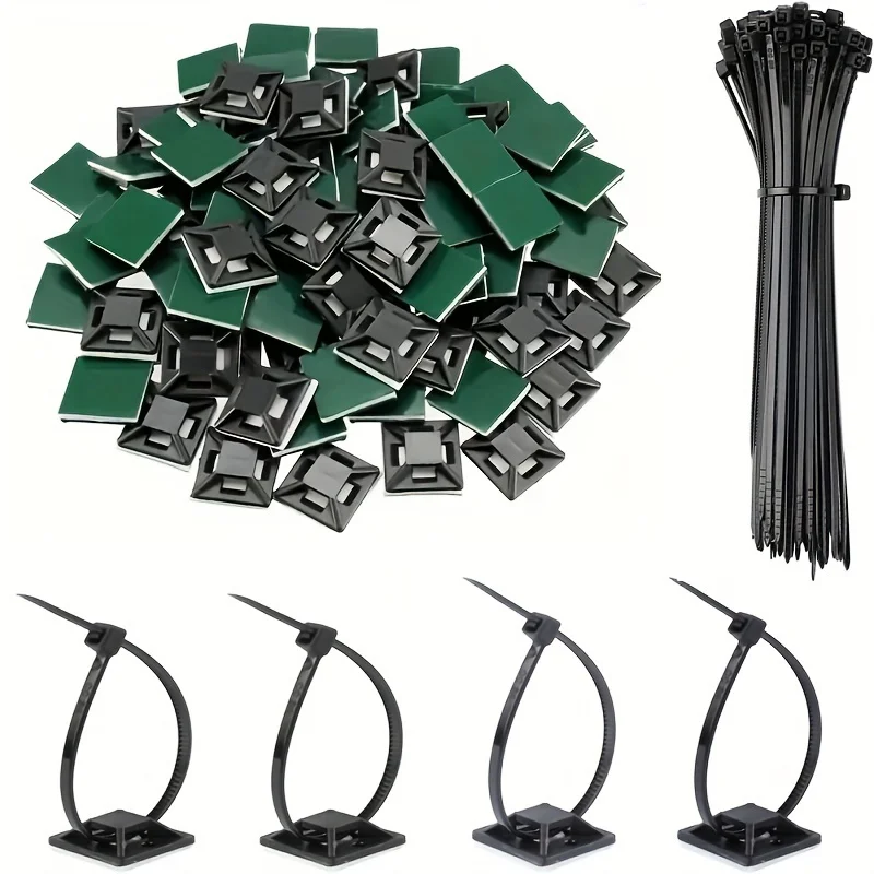160 Uds. Soportes de lazo con cremallera, organizador de cables de respaldo autoadhesivo, Clips de gestión, anclajes de pared para fijación segura de luz de sujeción de cables