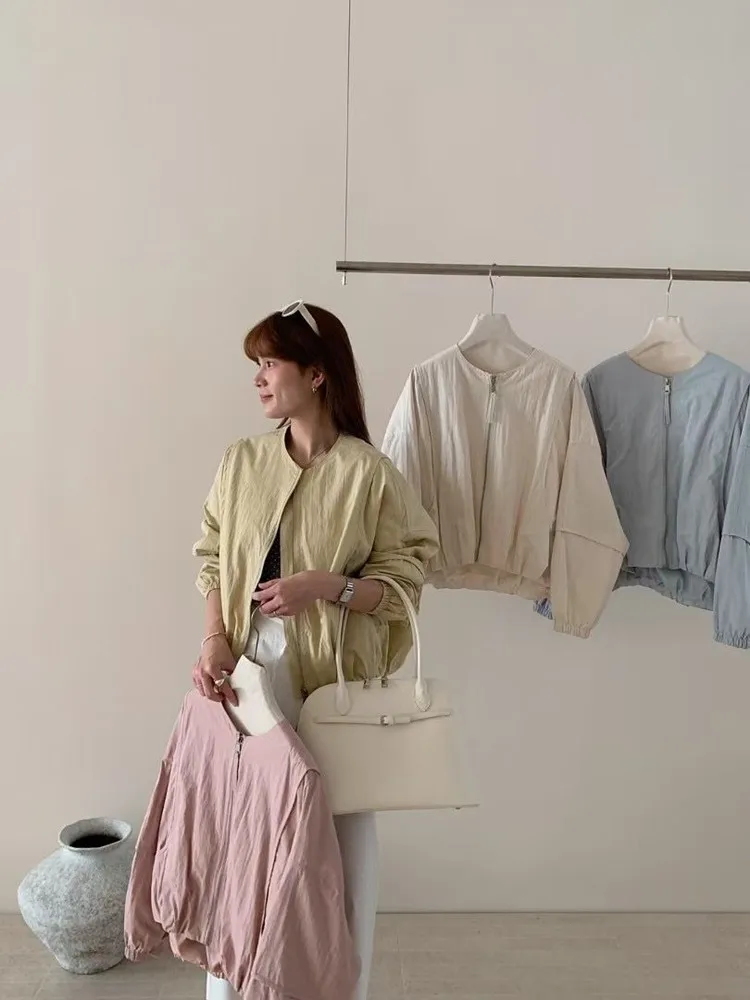 Estilo coreano cor sólida casaco feminino solto high street primavera bombardeiro casaco roupas de moda feminina