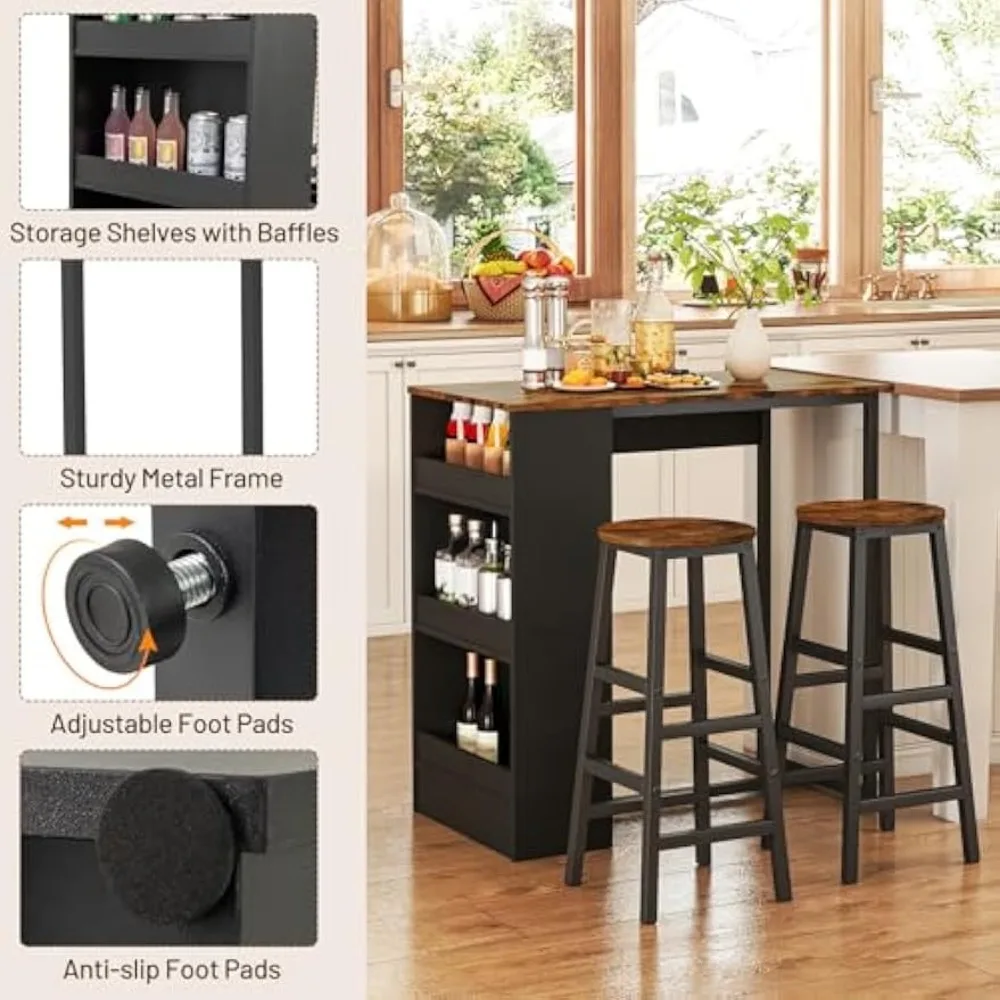 3-Pieces Bar Table Set, Rectangular Dining Table and 2 Chairs with Storage Shelves, Kitchen Set for Small Space, Breakfa Nook