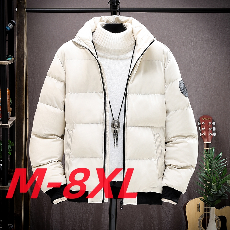 Parkas de talla grande para hombre, M-8XL de invierno, abrigos acolchados con capucha gruesa, chaquetas cortas con cremallera, chaquetas ajustadas simples de Color sólido negro